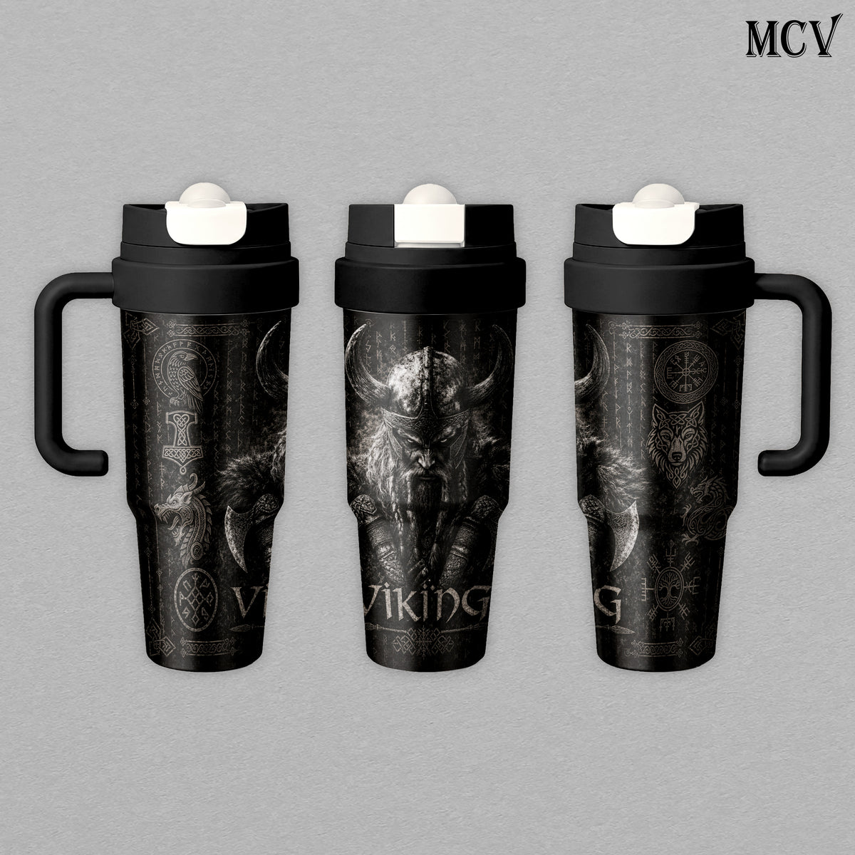 Viking Berserker Warrior - Norse Mythology - Odin Rune Raven Wolf Axe Embossed Raised Art - 17oz 24oz 30oz Insulated Tumbler, Stainless Steel Water Bottle, Straw Cup, Handle Travel Mug