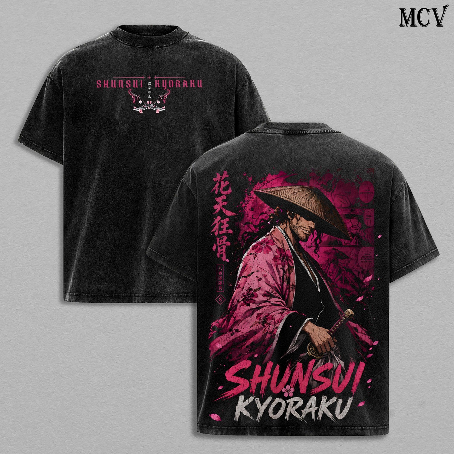 Kyoraku Shunsui Bleach Tee – Shunsui Kyoraku Vintage Washed T-Shirt | Captain Commander | Katen Kyokotsu Anime Manga Graphic Tee | Heavy Cotton Unisex Oversized Streetwear Top