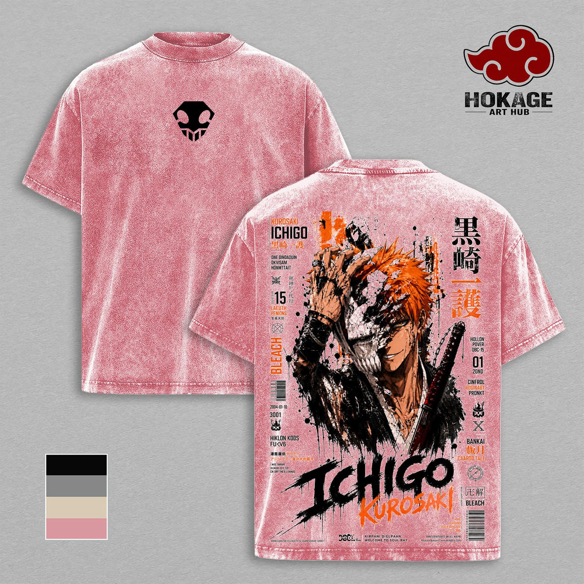 Ichigo - Bleach Hollow Mask Double Printed Graphic Tee, Heavy Cotton Oversized Shirt, Faded Acid Wash Streetwear For Men, Gift For Anime Lovers And Bleach Fans