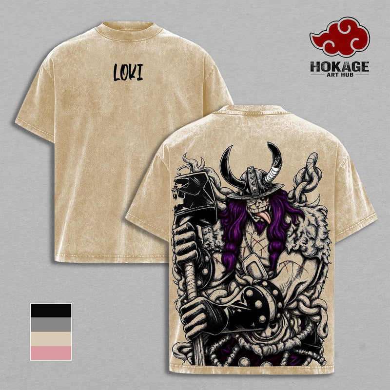 Loki Washed Tee – One Piecee Anime Elbaf Giant Prince Manga Graphic Double Printed T-Shirt, Menswear Heavy Cotton Unisex Oversize Streetwear Vintage Anime Tee