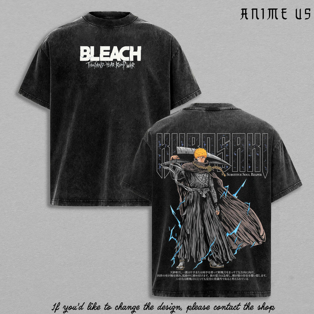 Ichigo Kurosaki Bleach Thousand Year Blood War Anime Vintage Washed Oversized Graphic Tee Soul Reaper Streetwear Shirt