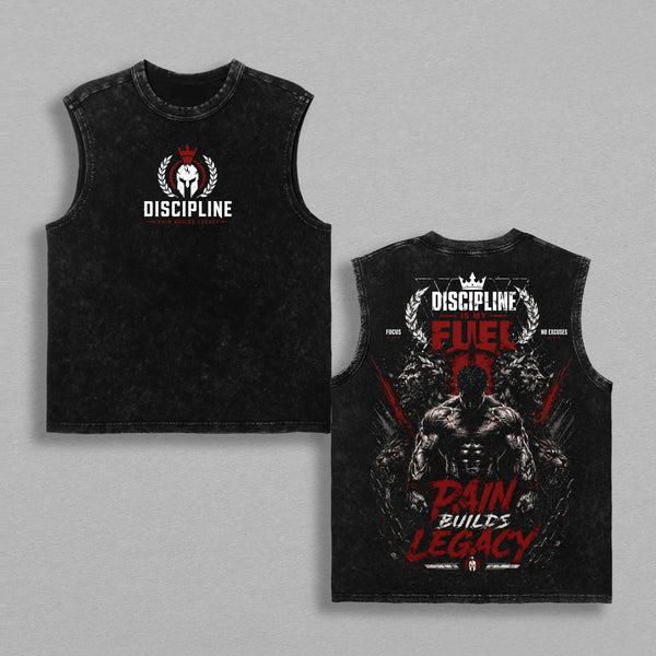Discipline Is My Fuel Vintage Washed Tank Top – Pain Builds Legacy Graphic Sleeveless Shirt, Heavy Cotton Muscle Tank for Men, Gym Motivation Fitness Streetwear