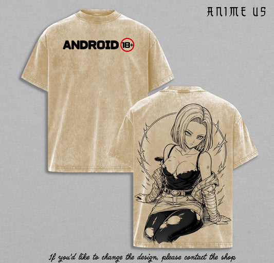 Android 18 DBZ Shirt Vintage Washed Tee | DBZ Anime Streetwear Graphic T-Shirt | Manga Oversized Shirt for Men Women