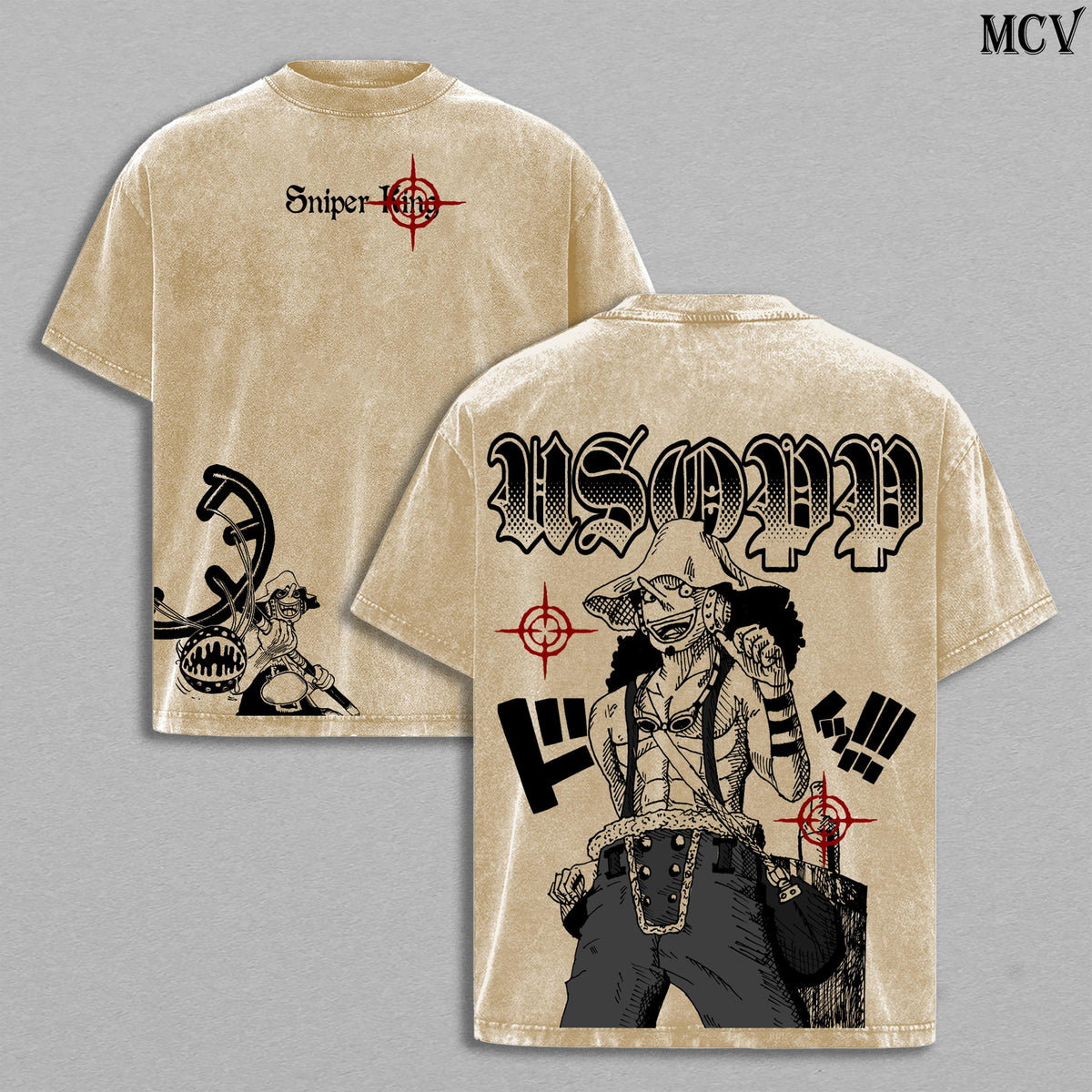 Usopp Washed Tee – Sniper King One Piece Anime Manga Sogeking Graphic Double Printed T-Shirt, Menswear Heavy Cotton Unisex Oversize Vintage Streetwear Sniper Edition