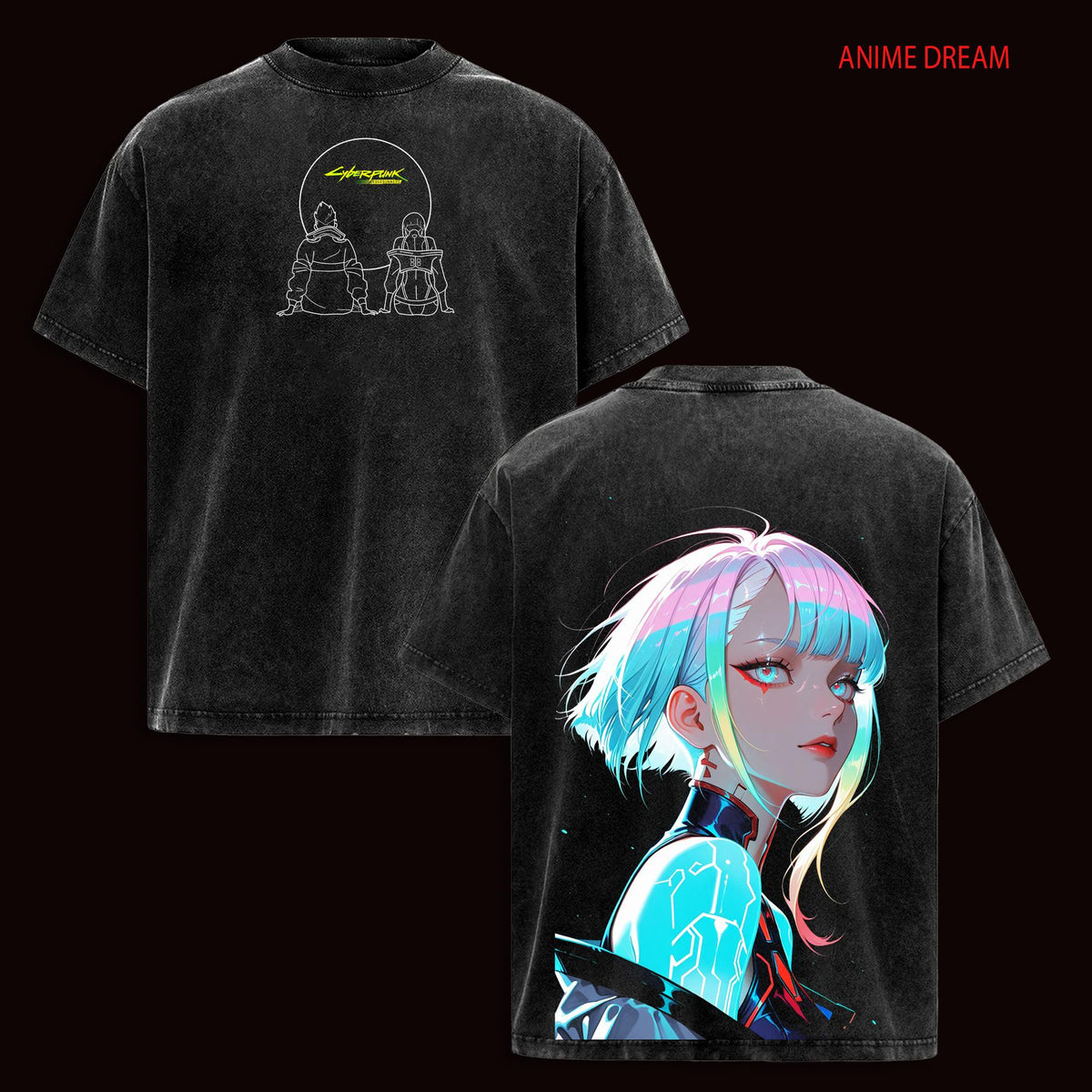 Cyberpunk Edgerunners David & Lucy Anime Double Printed Vintage Washed Tee Unisex Oversize Anime Manga Washed Heavyweight Cotton T-shirt