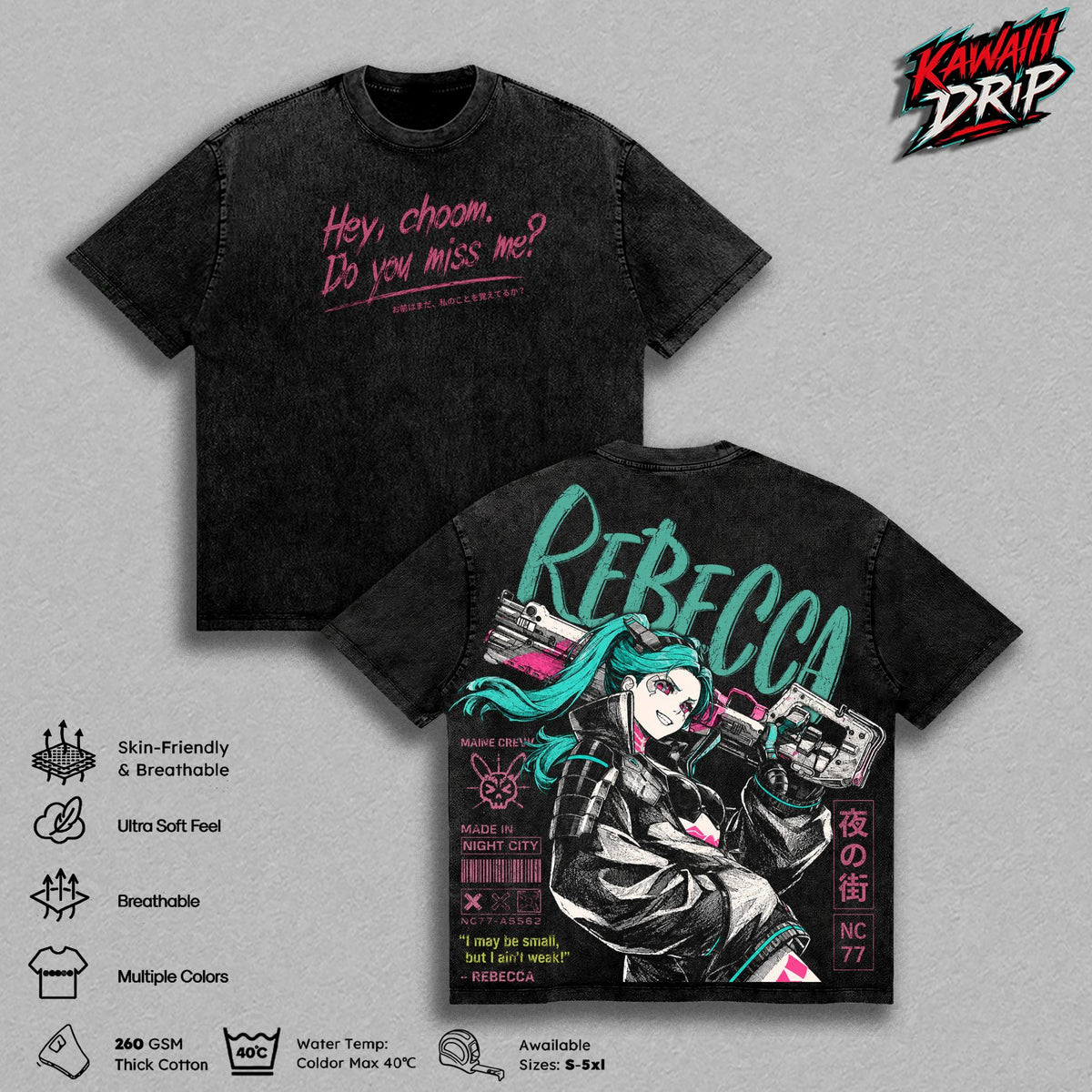 Rebecca Vintage Washed T-Shirt, Cyberpunk 2077 Anime Graphic Tee, Night City Oversized Streetwear Heavy Cotton Unisex Cyberpunk Edgerunners Shirt Apparel Classic Clothes Menswear