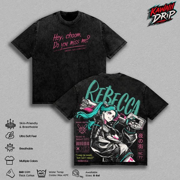 Rebecca Vintage Washed T-Shirt, Cyberpunk 2077 Anime Graphic Tee, Night City Oversized Streetwear Heavy Cotton Unisex Cyberpunk Edgerunners Shirt Apparel Classic Clothes Menswear