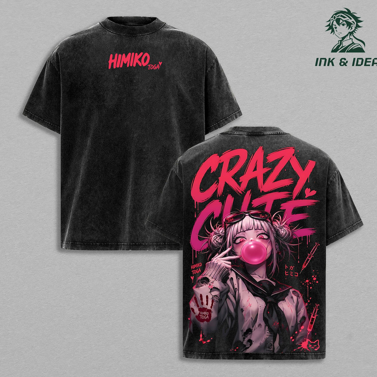 Himiko Toga Vintage Washed T-Shirt, Crazy Cute Yandere Anime Oversized Streetwear Tee, Heavy Cotton Dark Aesthetic Graphic Shirt, Retro Manga Unisex Top Gift for MHA Fans