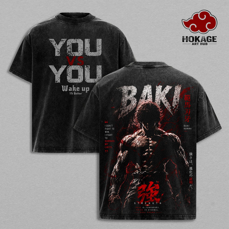 Baki Hanma Washed Gym Tee – Martial Arts Beast Mode Anime Graphic Double Printed T-Shirt, Menswear Heavy Cotton Unisex Oversize Pump Cover Vintage Streetwear