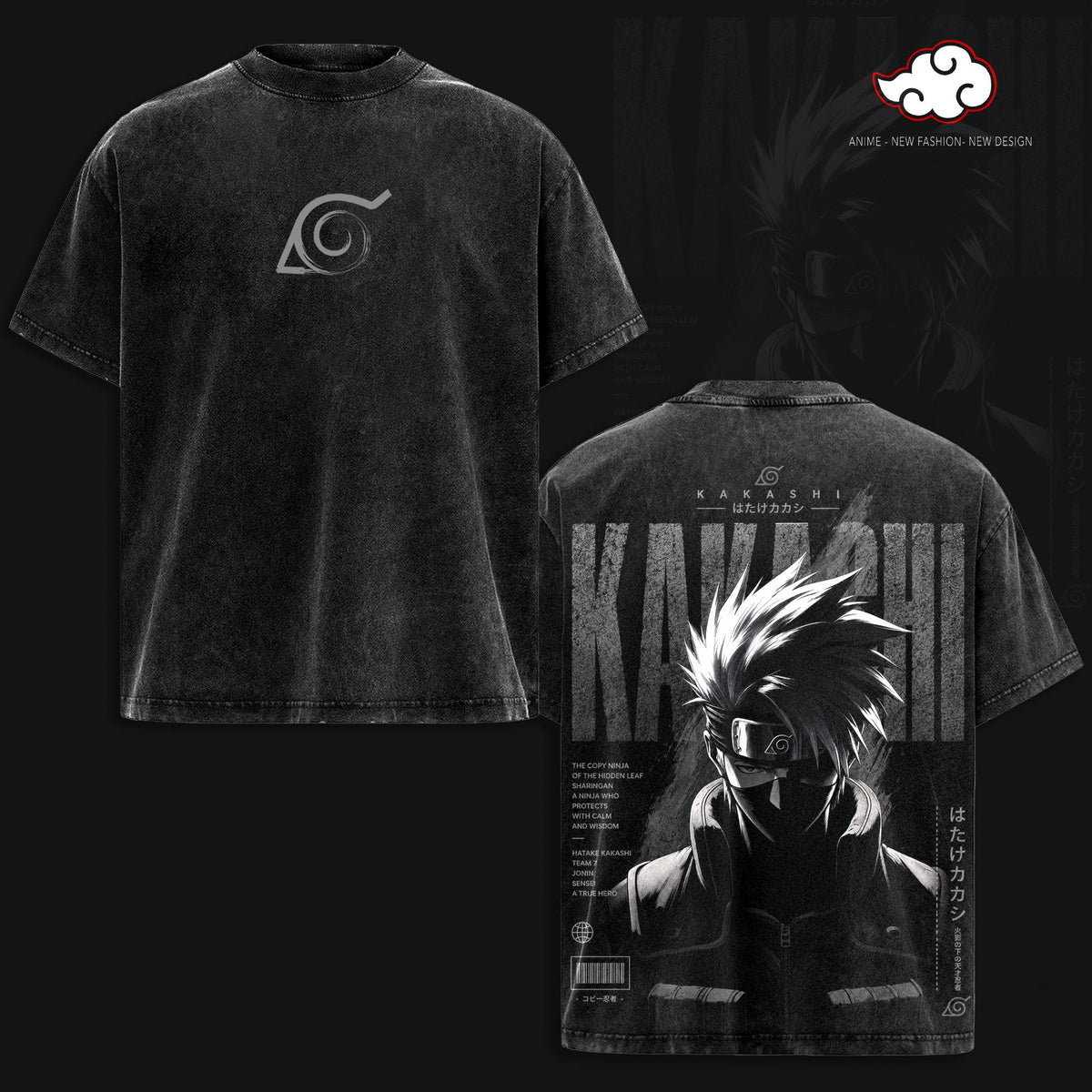 Kakashi Hatake T-Shirt Washed Vintage, Naruto Anime Oversize Streetwear Tee, Sharingan Ninja Graphic Shirt, Unisex Heavyweight Cotton Top, Gift for Anime & Manga Fans