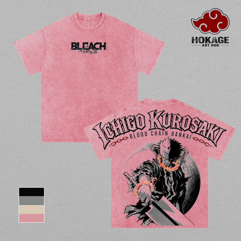 Ichigo Kurosaki Bleach T-Shirt, Blood Chain Bankai Anime Graphic Tee, Soul Reaper Manga Shirt, Back Print Vintage Anime Shirt, Graphic Tees Men, Trendy Tshirts, Men’s T Shirts, Bleach Streetwear, Unisex Cotton Distressed Tee, Anime Merch