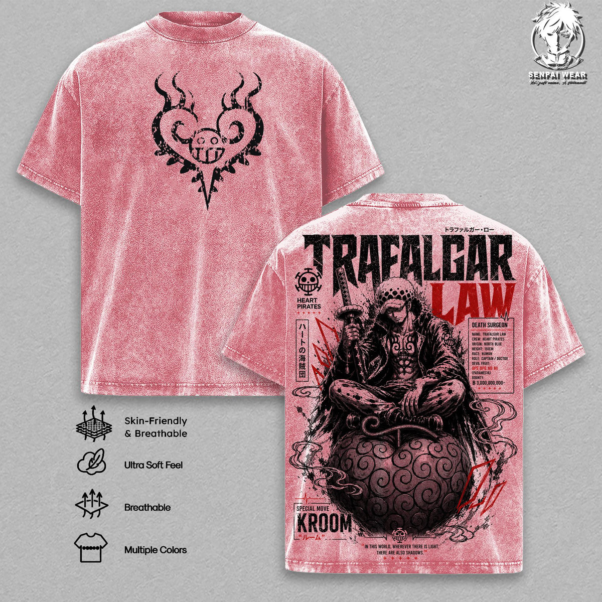 Trafalgar Law Graphic Tee OP Vintage Washed Shirt Unisex Streetwear Anime Merch Surgeon of Death Tee Manga T-Shirt Gift for Anime Lovers Fans