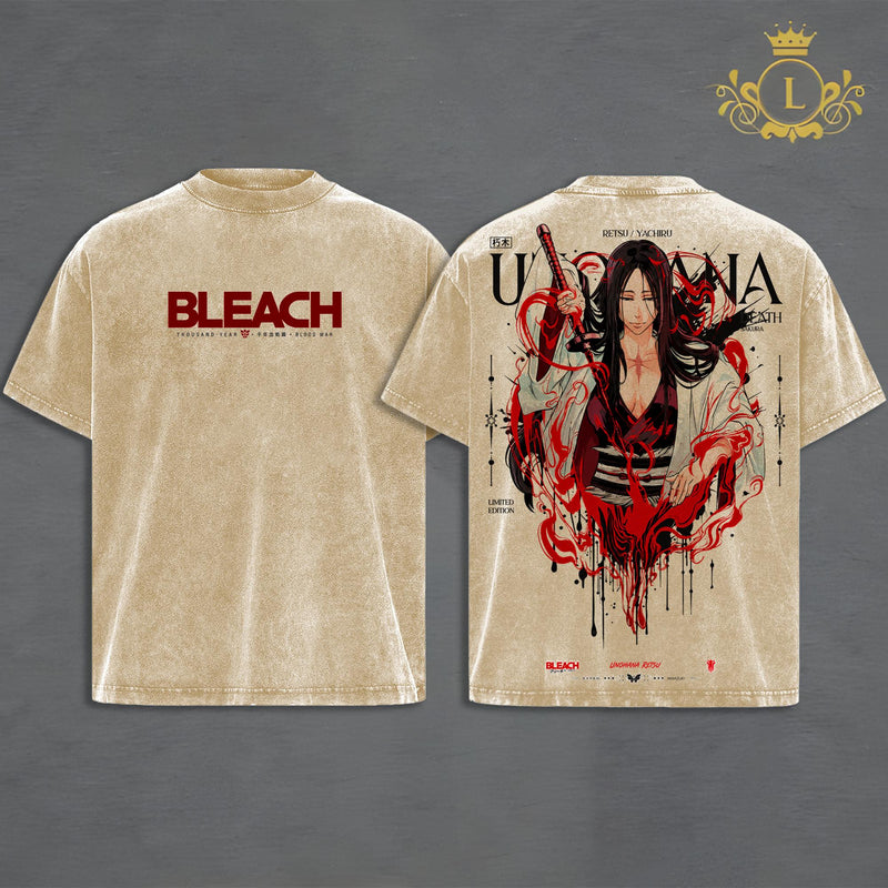 Unohana Retsu Bleach Vintage Washed T-Shirt Hoodie, Minazuki Bankai Anime Graphic, Blood Aura Death Sakura Art, Double-Sided Print, Heavyweight Oversized Unisex Streetwear
