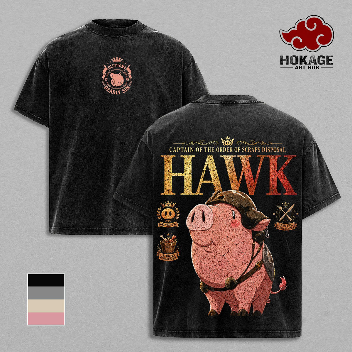Hawk -7DS Seven Deadly Sins Gluttony Pig Mascot Double Printed Tee, Stone Wash Streetwear For Men, Heavyweight Unisex Oversized Shirt, Gift For Anime Fans