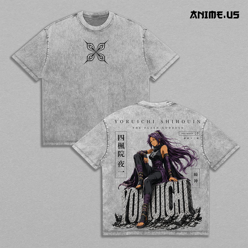 Yoruichi Shihouin Bleach Flash Goddess Shunko Thunder Form Soul Reaper Vintage Washed Heavyweight Cotton T-Shirt Double Sided Graphic Oversized Anime Streetwear Tee Gift for Bleach Fans
