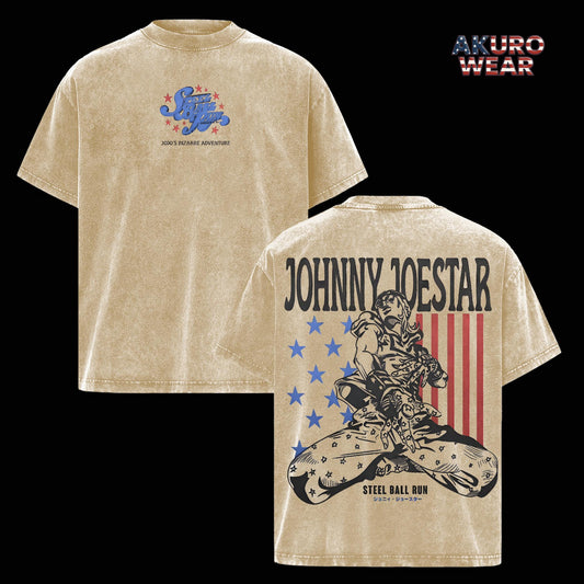 Johnny Joestar Vintage Washed T-Shirt – Steel Ball Run Anime Graphic Tee, JoJo’s Bizarre Adventure Inspired Oversized Streetwear Apparel, Soft Cotton Casual Unisex Top, Gift for JoJo Fans