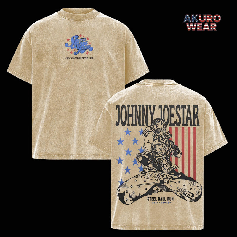 Johnny Joestar Vintage Washed T-Shirt – Steel Ball Run Anime Graphic Tee, JoJo’s Bizarre Adventure Inspired Oversized Streetwear Apparel, Soft Cotton Casual Unisex Top, Gift for JoJo Fans