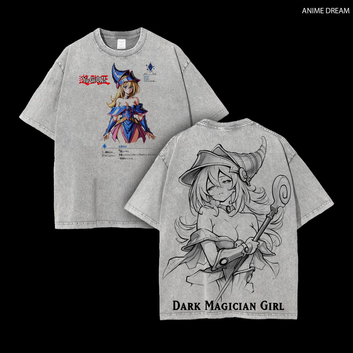 Dark Magician Girl Yu-Gi-Oh! Anime Double Printed Vintage Washed Tee Unisex Oversize Heavyweight Cotton T-shirt for Anime Fans and Lovers