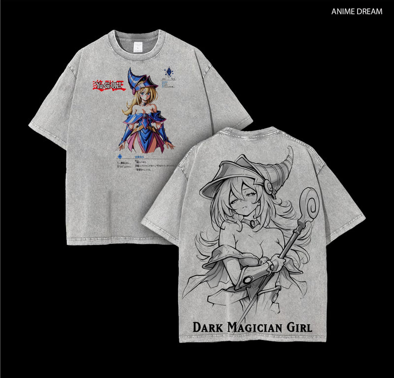 Dark Magician Girl Yu-Gi-Oh! Anime Double Printed Vintage Washed Tee Unisex Oversize Heavyweight Cotton T-shirt for Anime Fans and Lovers