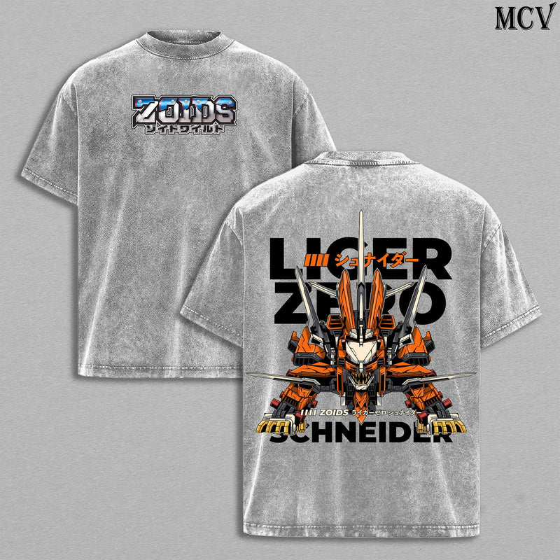 Liger Zero Schneider Zoids New Century Zero T-Shirt Menswear Top Heavy Cotton Underwear Double Printed Vintage Washed Tee Oversize Unisex Anime Manga Mecha Robot Graphic Retro Japanese Streetwear