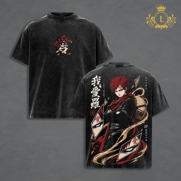 Gaara Naruto Vintage Washed T-Shirt Hoodie, Sand Village Anime Graphic, Double-Sided Heavyweight Oversized Unisex Streetwear, Gift For Anime Fan