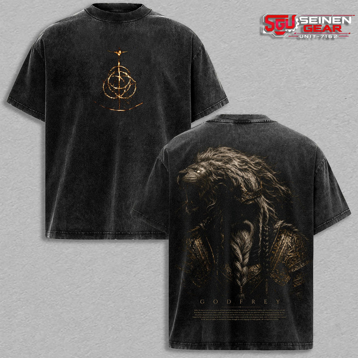Godfrey Elden Ring Vintage Washed Oversized Graphic T-Shirt, Shadow of the Erdtree Dark Fantasy Gaming Tee, Soulslike Streetwear Heavy Cotton Unisex Shirt Gift for RPG Fans