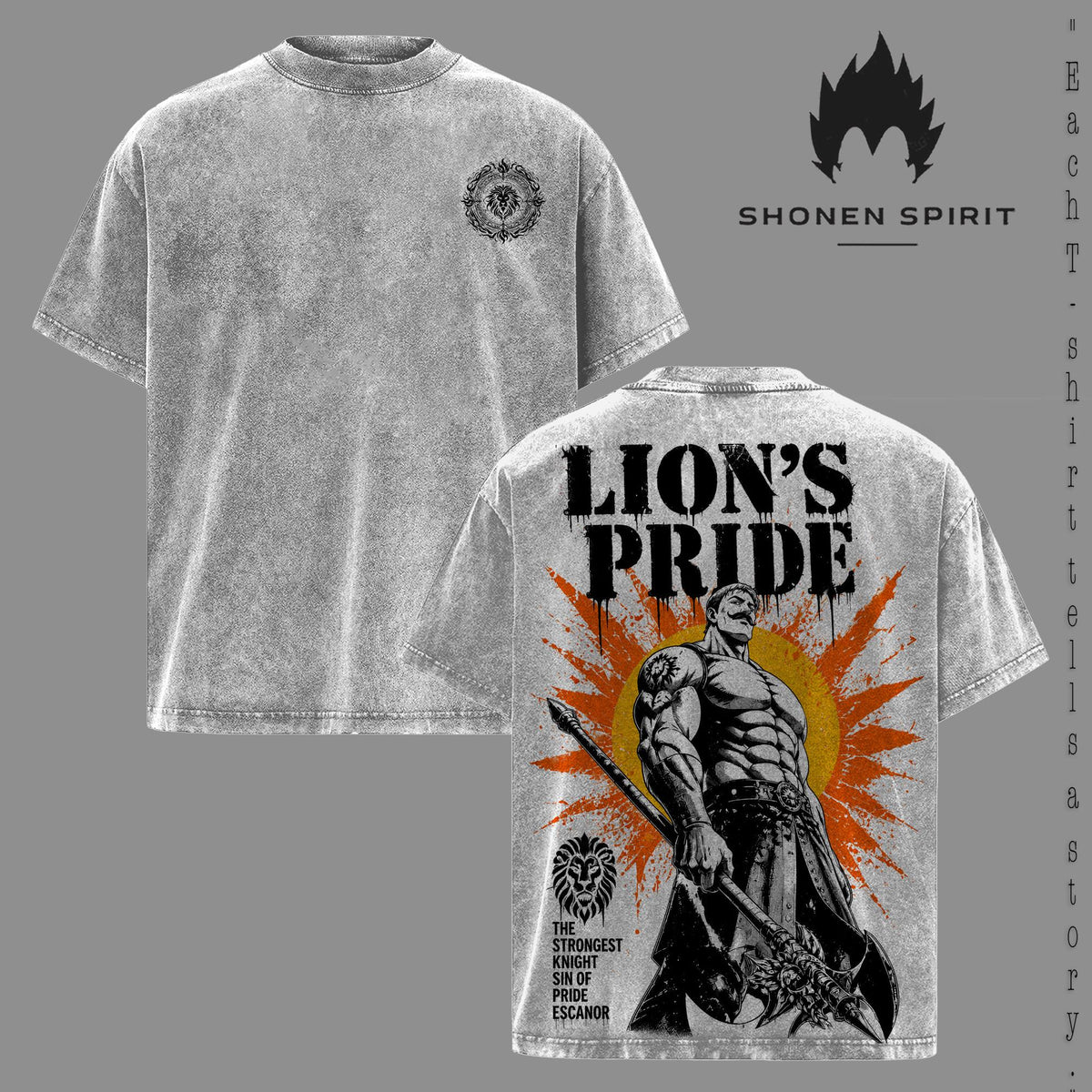 Escanor Lion's Pride Vintage Washed T-Shirt, The Seven Deadly Sins Anime Graphic Tee, Oversized Heavyweight Cotton Streetwear Shirt, Double-Sided Manga Fan Gift