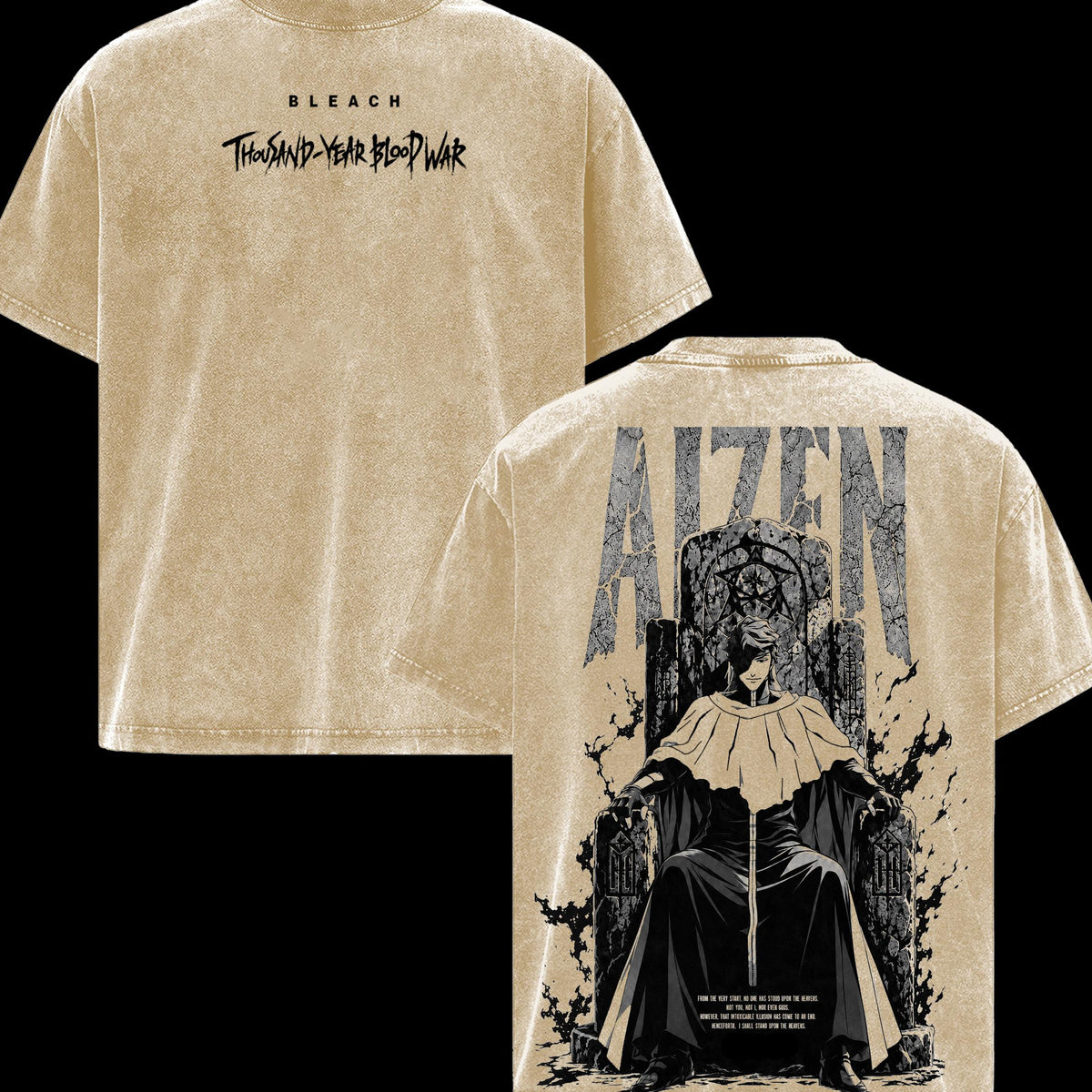 Sosuke Aizen Bleach TYBW Men’s Graphic T-Shirt, Double Sided Throne Anime Tee, Oversized Vintage Washed Soft Cotton Crewneck, Classic Streetwear Apparel, Gift for Anime Fans