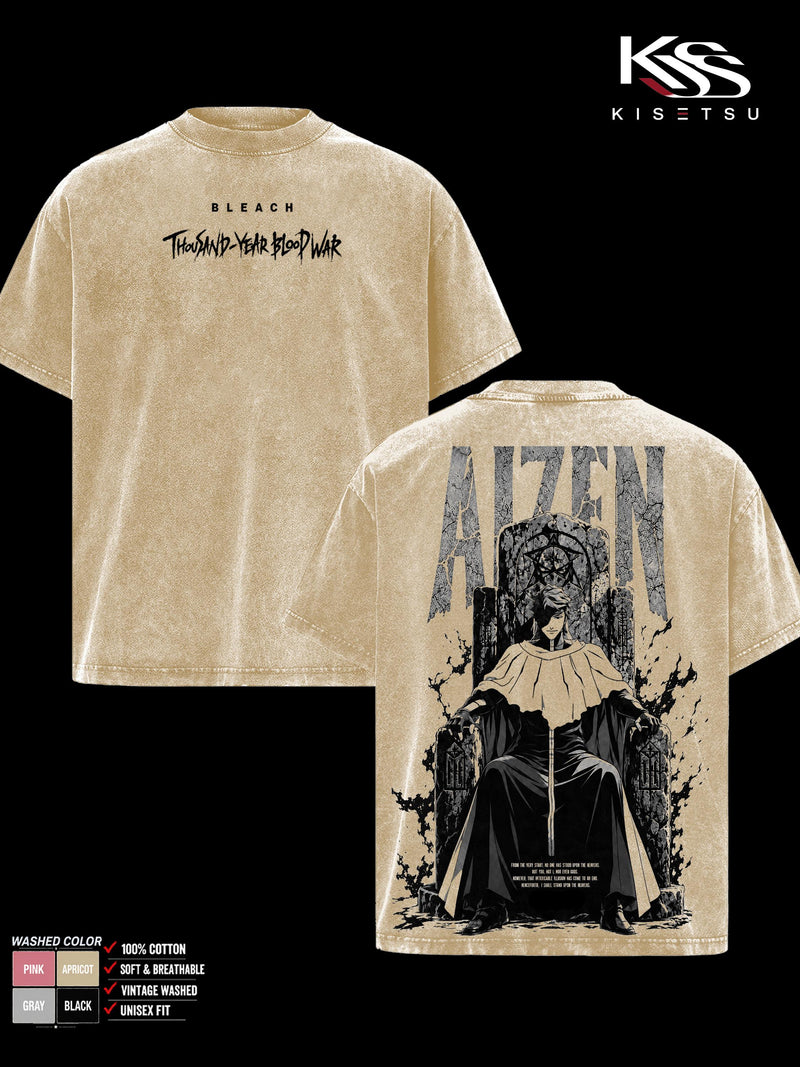 Sosuke Aizen Bleach TYBW Men’s Graphic T-Shirt, Double Sided Throne Anime Tee, Oversized Vintage Washed Soft Cotton Crewneck, Classic Streetwear Apparel, Gift for Anime Fans