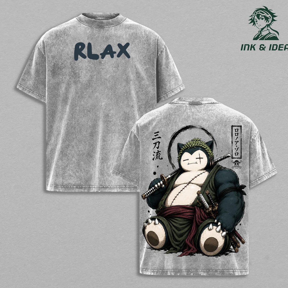 Snorlax Zoro One Piece Vintage Washed Oversized Anime Gym T-Shirt, Samurai PKM Mashup Graphic Tee, Heavyweight Cotton Streetwear Pump Cover Shirt