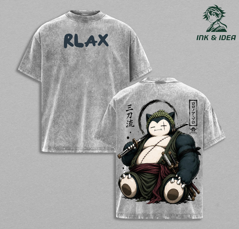 Snorlax Zoro One Piece Vintage Washed Oversized Anime Gym T-Shirt, Samurai PKM Mashup Graphic Tee, Heavyweight Cotton Streetwear Pump Cover Shirt