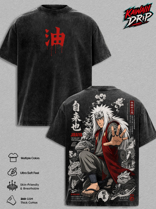 Jiraiya Vintage Washed T-Shirt - Anime Graphic Tee Oversized Japanese Streetwear Top Cotton Tshirt Classic Menswear Clothes Apparel Gift for Naruto Fans Men & Women