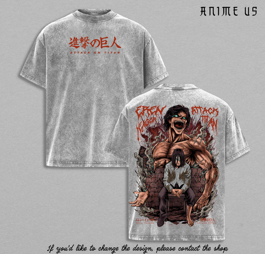 Eren Yeager Attack on Titan Anime Vintage Washed Oversized Graphic Tee Titan Form Rage AOT Streetwear Shirt