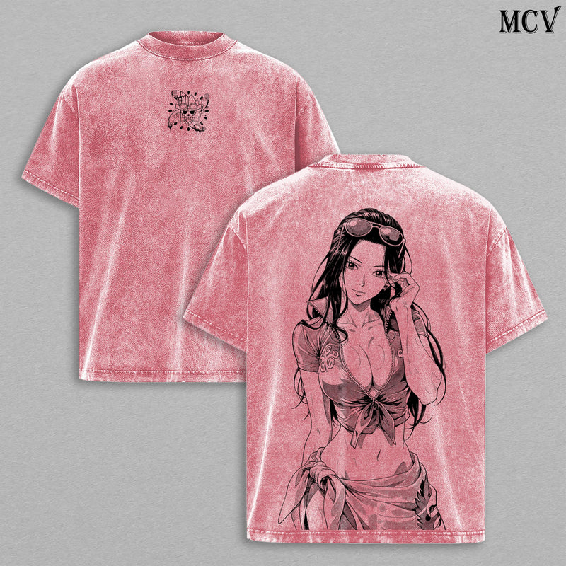 Nico Robin Washed Tee – One Piece Anime Manga Devil Child Graphic Double Printed T-Shirt, Menswear Heavy Cotton Unisex Oversize Streetwear Vintage Edition