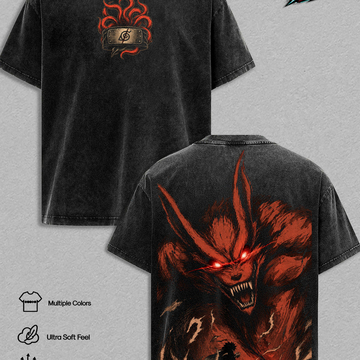 Kurama Naruto Vintage Washed T-Shirt - Nine Tails Fox Anime Graphic Tee Heavyweight Cotton Oversized Streetwear Top Unisex Manga Shirt Naruto Anime Fan Gift Apparel Classic