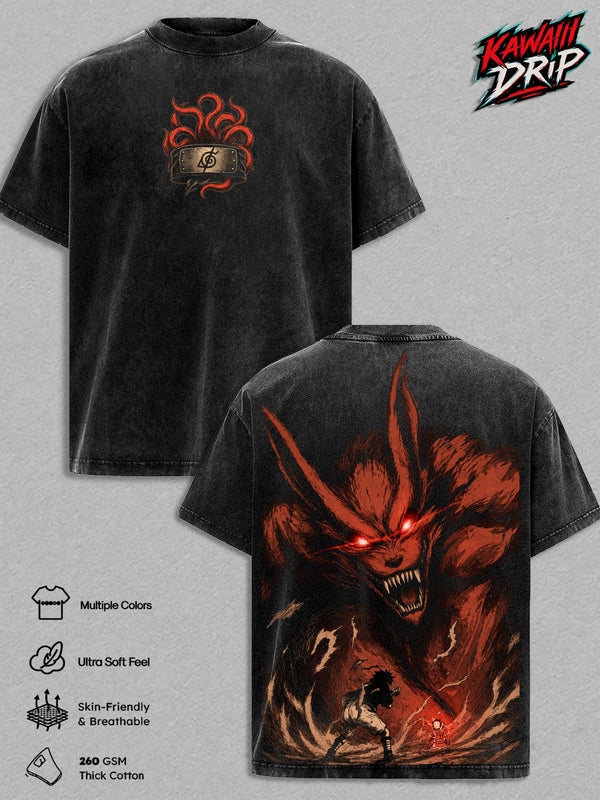 Kurama Narutoo Vintage Washed T-Shirt - ''Nine Tails'' Fox Anime Graphic Tee Heavyweight Cotton Oversized Streetwear Top Unisex Manga Shirt Naruto Anime Fan Gift Apparel Classic
