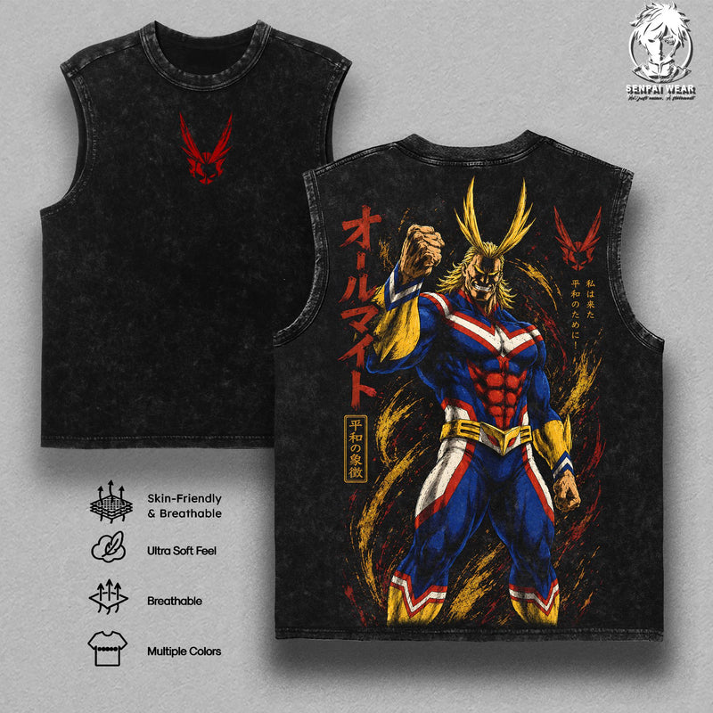 Vintage Washed All Might Tank Top MHA Plus Ultra Gym Wear My Hero Academia Graphic Heavy Cotton Unisex Streetwear Pump Cover Outfit Merch Anime Lovers Mens Gift