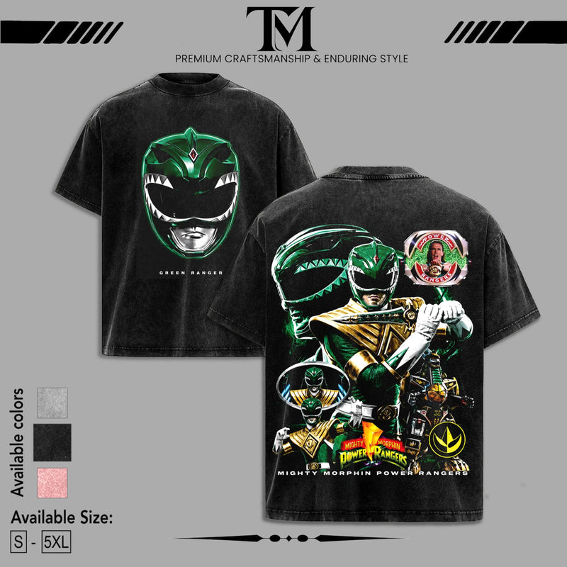 Green Ranger Mighty Morphin Power Rangers Doubled Printed Oversize Lightweight Tee, Vintage Graphic TV Show Top Cotton, Movie Lover, Streetwear Soft Crew Neck, Gift for fan
