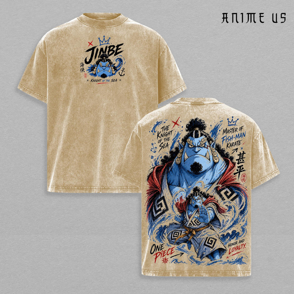 Jinbe One Piece Knight of the Sea Fish-Man Karate Anime Vintage Washed Oversized Graphic Tee Manga Streetwear Heavyweight Cotton Shirt