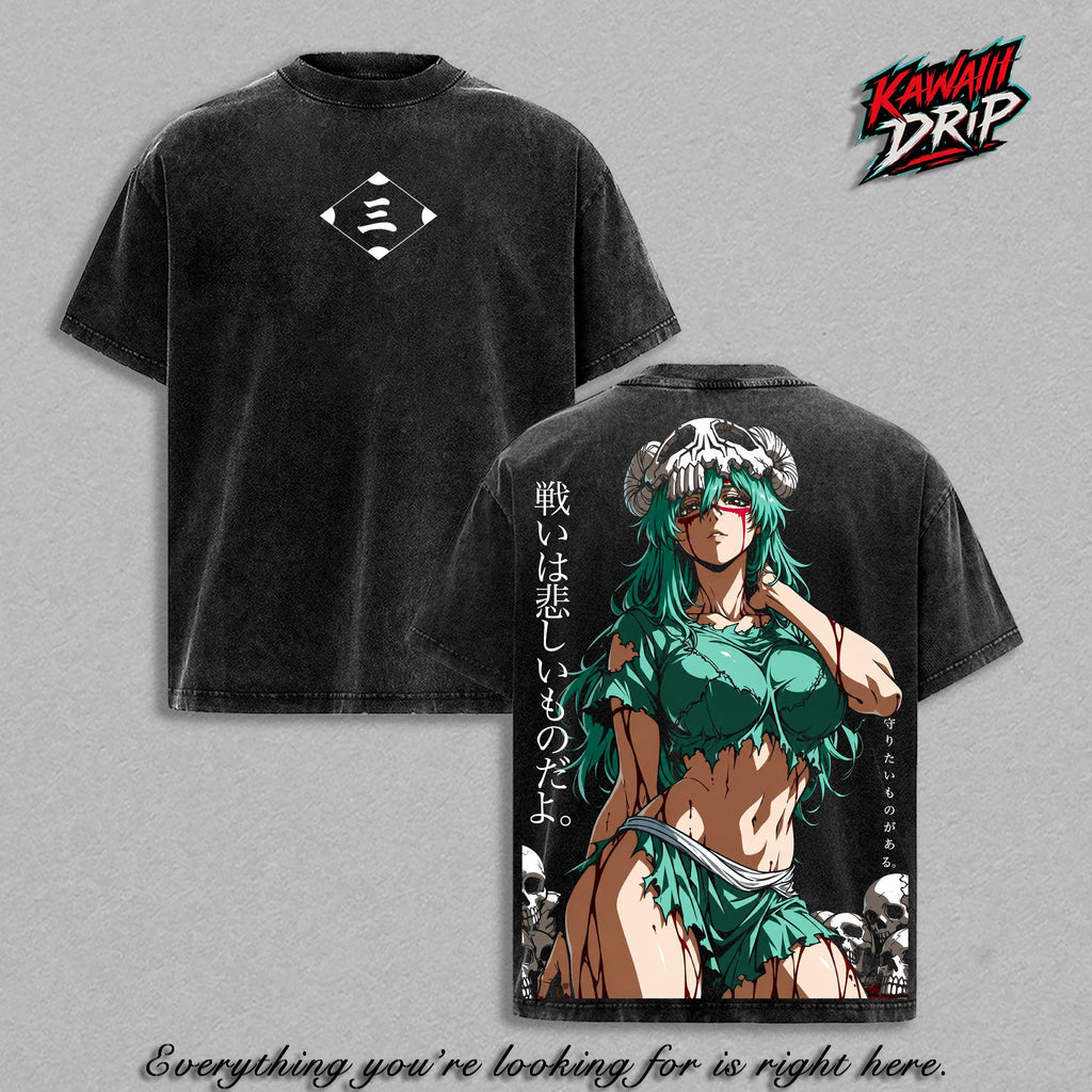 Nelliel Tu Odelschwanck - Bleach Vintage Washed Anime T-Shirt Graphic Tee Oversized Heavyweight Cotton Shirt Unisex Manga Streetwear Top Gift for Bleach Fans