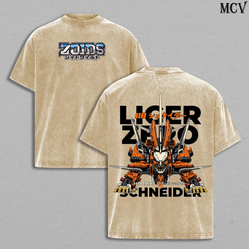 Liger Zero Schneider Zoids New Century Zero T-Shirt Menswear Top Heavy Cotton Underwear Double Printed Vintage Washed Tee Oversize Unisex Anime Manga Mecha Robot Graphic Retro Japanese Streetwear