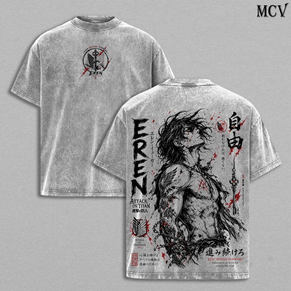 Eren Yeager Attack on Titan Vintage Washed Tee – Eren Yeager Gothic Tattoo Art T-Shirt | Japanese Irezumi Blackwork Graphic Tee | Heavy Cotton Unisex Oversized Streetwear Top | Founding Titan Anime Manga Graphic Tee