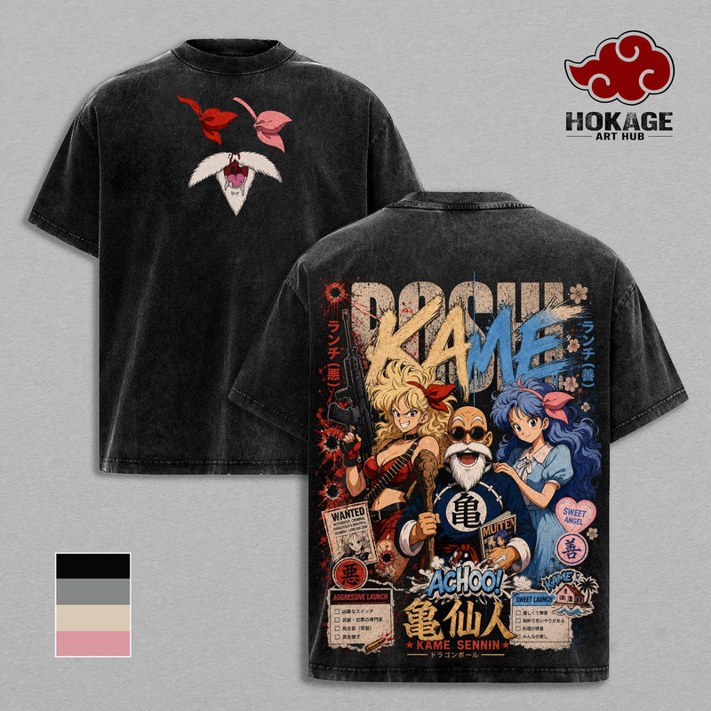Launchh Master Roshi DBZ Kame Sennin Vintage Washed T-Shirt | Classic Anime Graphic Tee | Kame House Streetwear Oversized Shirt