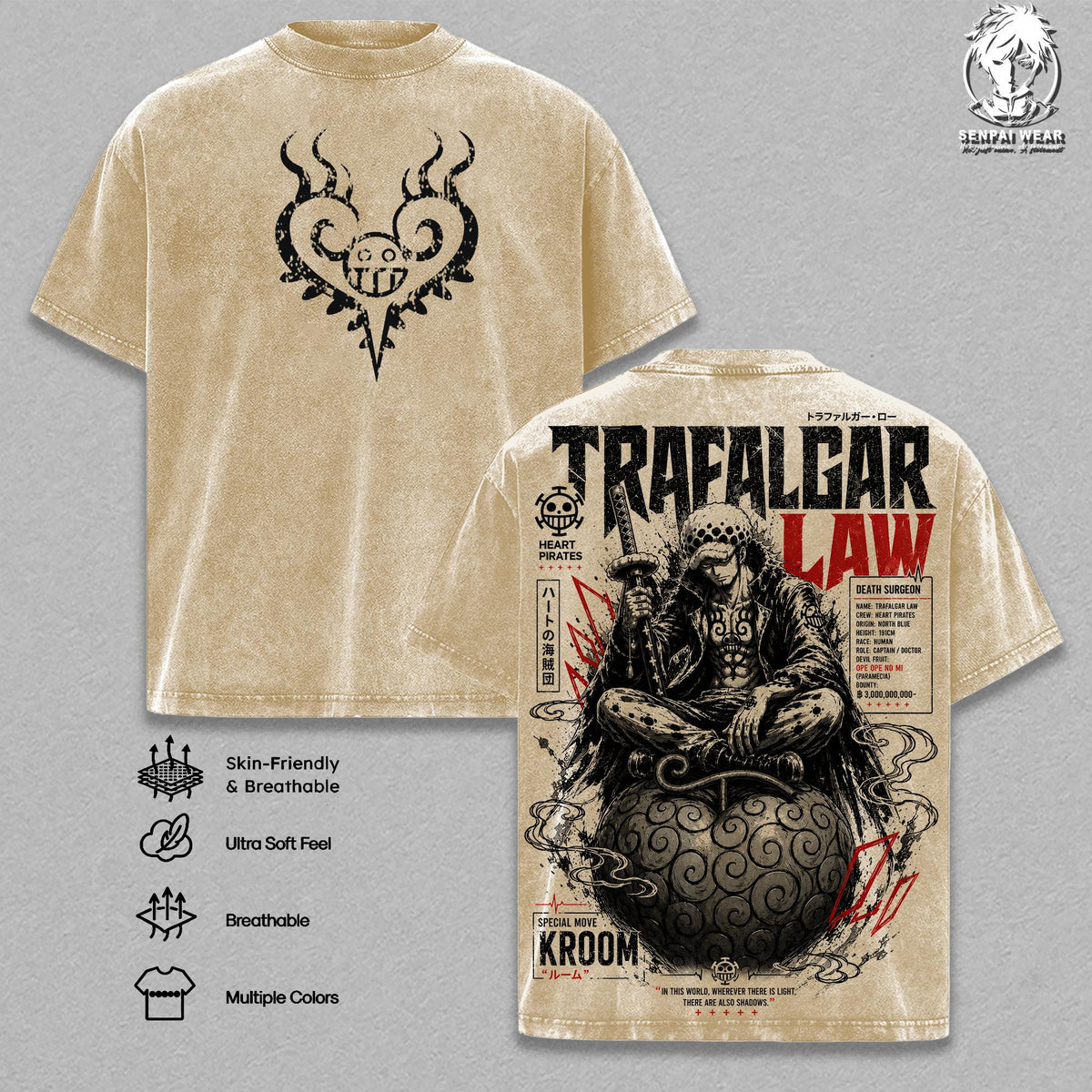 Trafalgar Law Graphic Tee OP Vintage Washed Shirt Unisex Streetwear Anime Merch Surgeon of Death Tee Manga T-Shirt Gift for Anime Lovers Fans