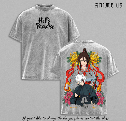 Gabimaru & Sagiri Hell’s Paradise Vintage Washed T-Shirt | Jigokuraku Anime Graphic Tee | Japanese Samurai Streetwear Oversized Shirt