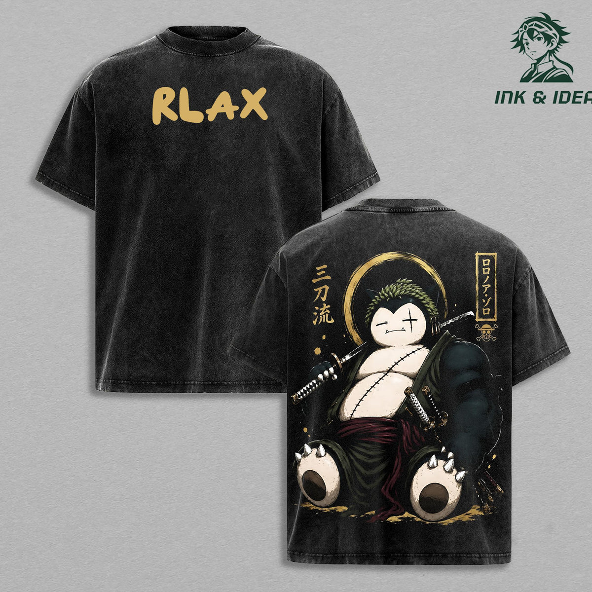 Snorlax Zoro One Piece Vintage Washed Oversized Anime Gym T-Shirt, Samurai PKM Mashup Graphic Tee, Heavyweight Cotton Streetwear Pump Cover Shirt