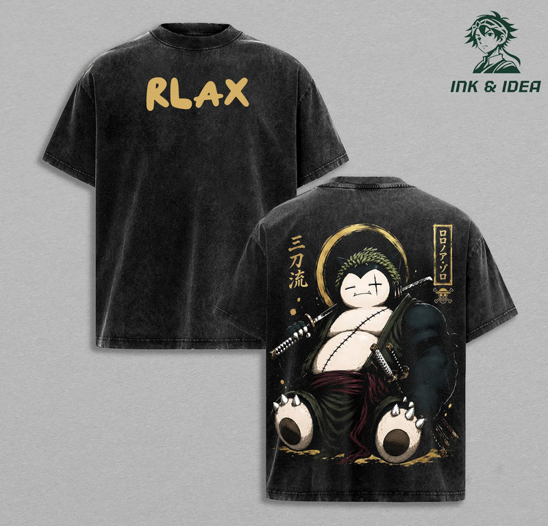 Snorlax Zoro One Piece Vintage Washed Oversized Anime Gym T-Shirt, Samurai PKM Mashup Graphic Tee, Heavyweight Cotton Streetwear Pump Cover Shirt