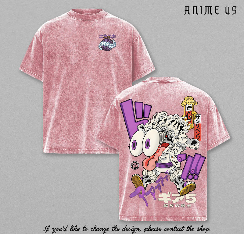 Gear 5 Sun God Nika Sea Emperor Pirate Vintage Washed T-Shirt | White Hair Captain Anime Tee | Toon Force Manga Streetwear