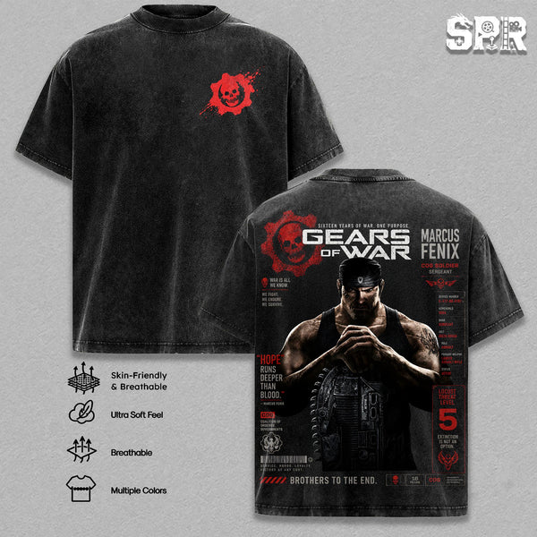 Gears of War V.2 Graphic Tee Marcus Fenix Vintage Washed Shirt Unisex Streetwear Gamer Merch Lancer Assault Tee Dominic Santiago T-Shirt Gift for Gaming Lovers Gears of War Fans