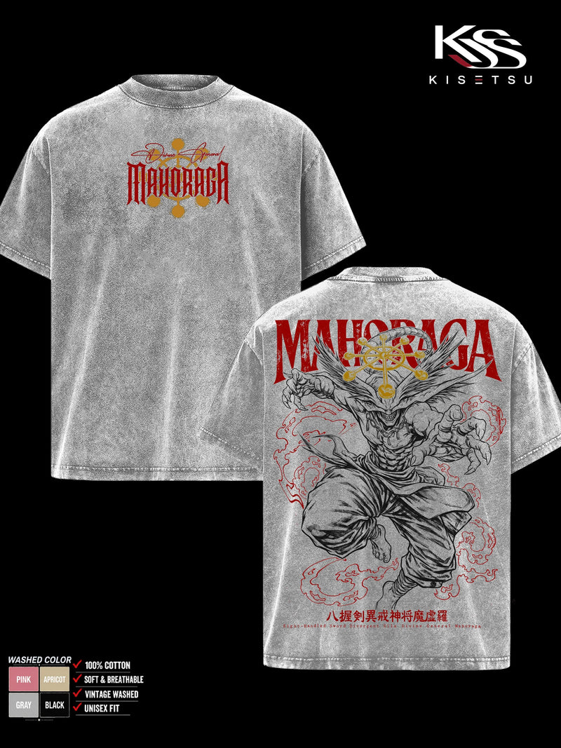 Mahoraga Jujutsu Kaisen Men’s Graphic T-Shirt, Eight-Handled Sword Divine General Double Sided Anime Tee, Oversized Vintage Washed Soft Cotton Streetwear, Gift for JJK Fans